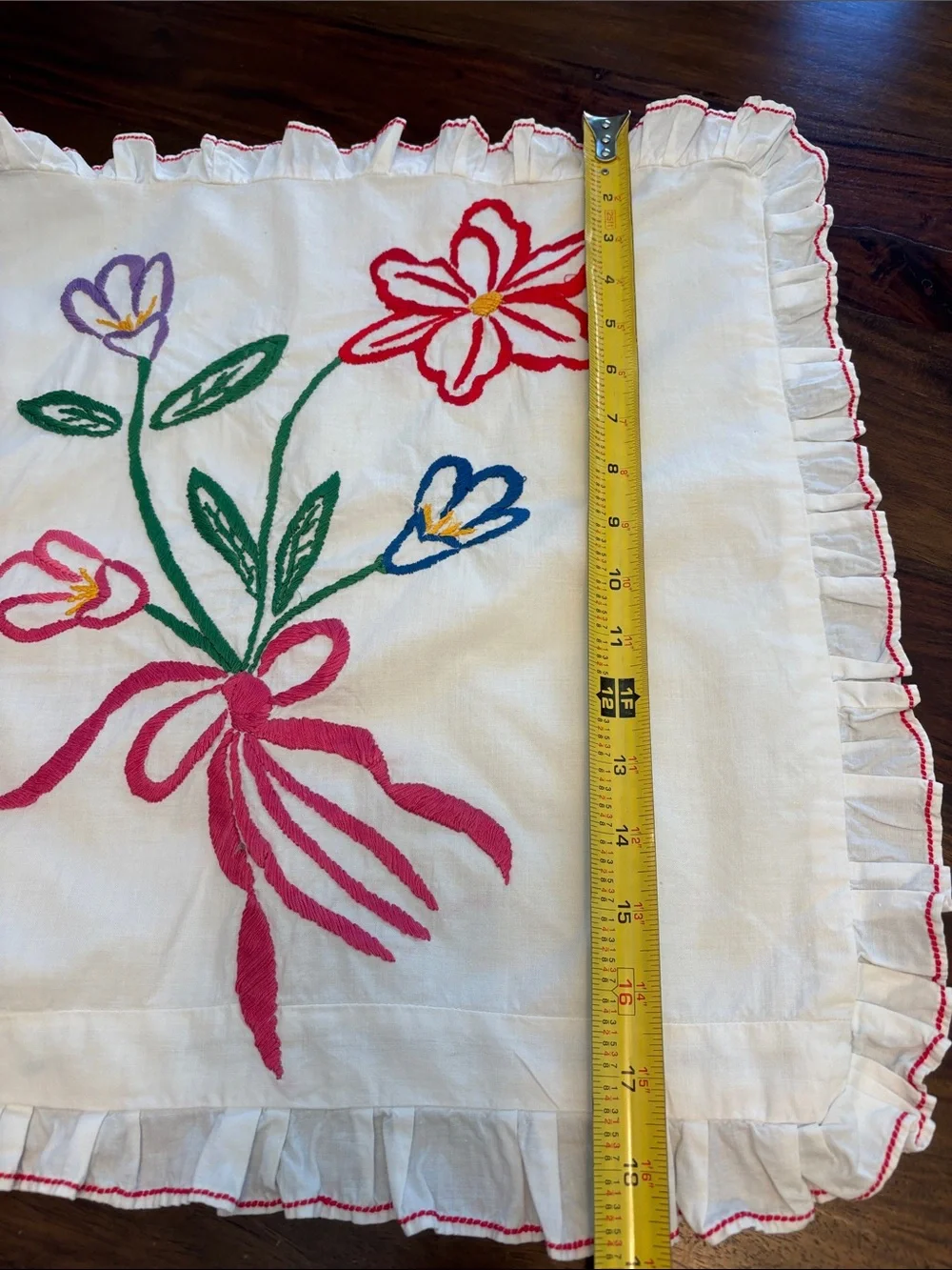 Vintage Embroidered Floral Pillow Sham White with Pink, Red, Green, Blue Accents